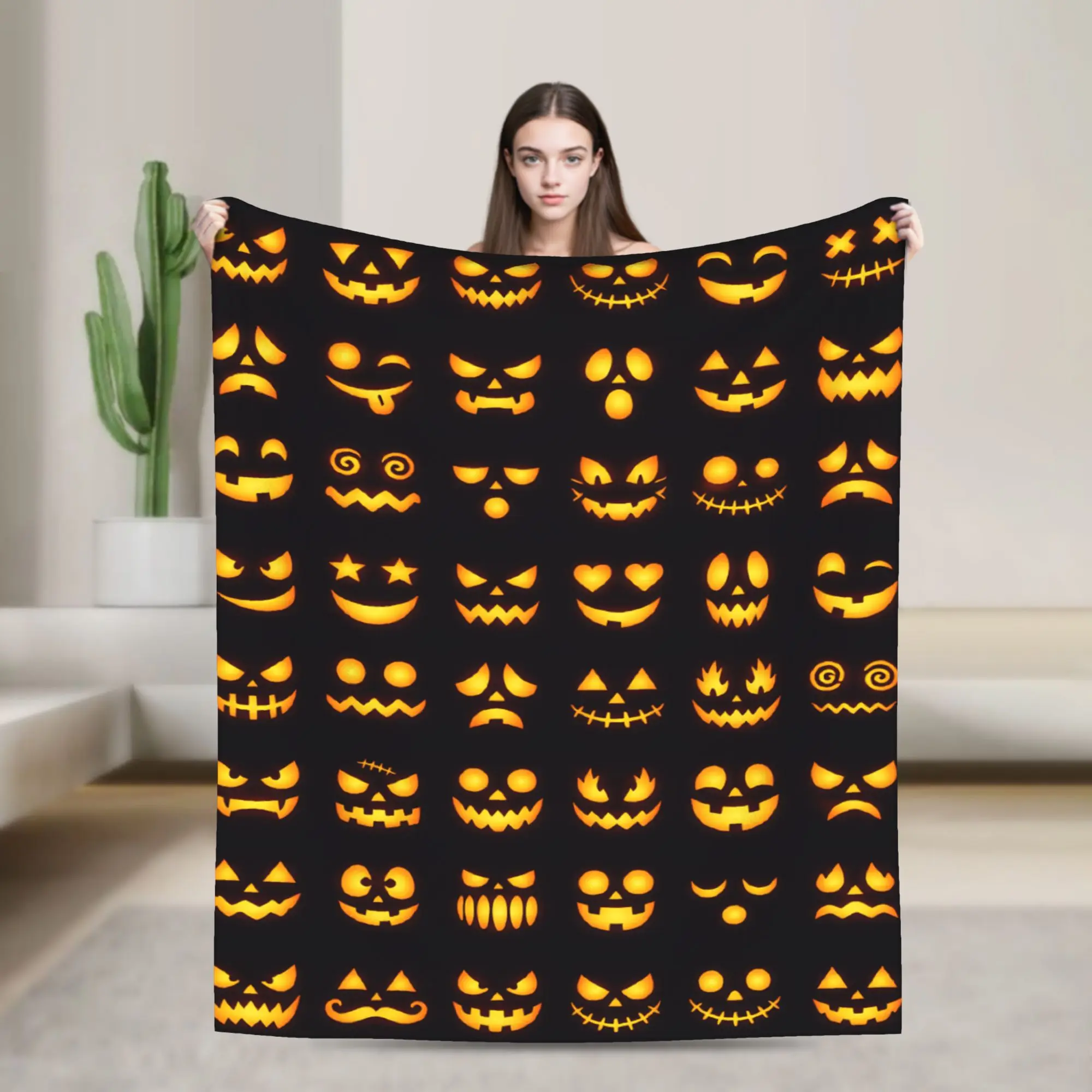 Halloween Glowing Jack O Lantern Different Face Collection Blanket Warm Soft  Throw Blanket Winter Home Plane Travel Bedspread