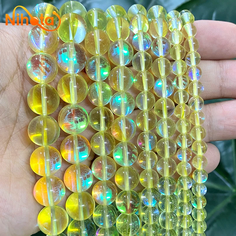 Light Yellow Austria Round Beads Crystal Glitter Moon Stone DIY Earrings Bracelet 6/8/10/12mm 15