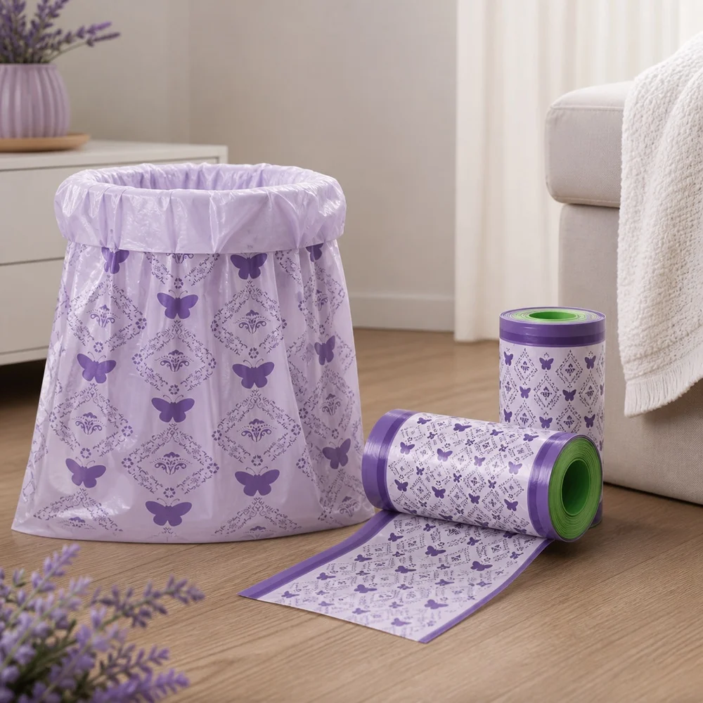 Trash Bags Purple Scented 1 Roll 100 Bags for Home Kitchen Bathroom Office Waste Baskets Bin Liners and Daily Cleaning Supplies
