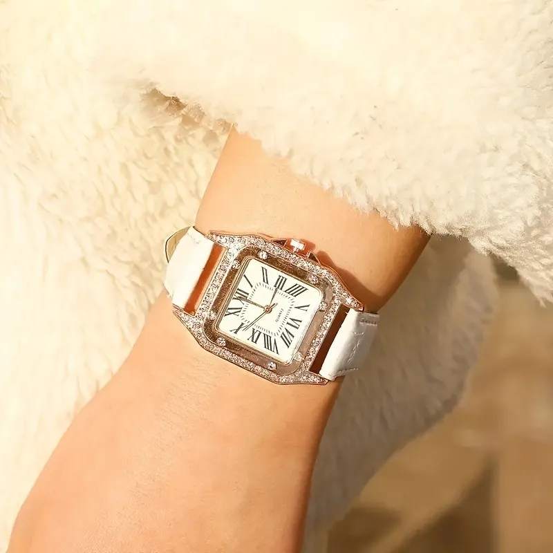 Kegllect-女性の高級ラインストーンクォーツ時計、アナログ腕時計、正方形ポインター、レトロ、5個セット