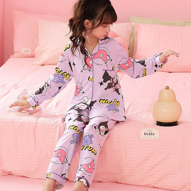 New Disney Sanrio Girls Pajama Sets Cardigan Kids Home Clothes Sweet Comfortable Soft Nightwear Child Long Sleeve Pants Set