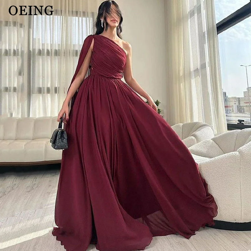 

OEING Red A-Line Chiffon Prom Dresses One Shoulder Sleeveless Pleats Party Gowns Simple Floor-Length Customized