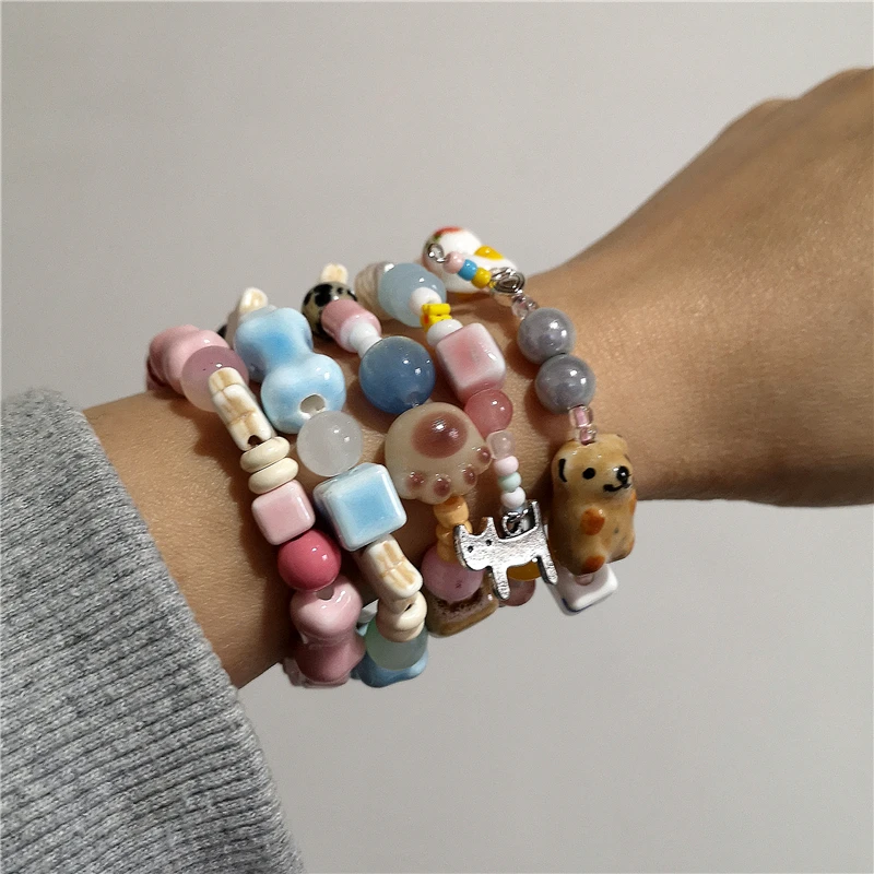 Kpop Harajuku Aesthetic Butterfly Love Star Ceramic Glass Acrylic Beaded Bracelet Girl 2000s EMO Charm Jewelry Y2K Accessories