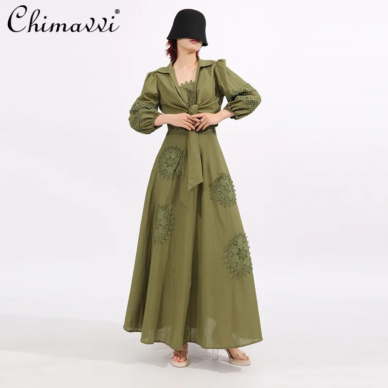 French Elegant Dress Set Hollow Embroidered Flowers Long Sleeve Shirts V-Neck Sleeveless Long Dress Two-Piece Set Women Autumn