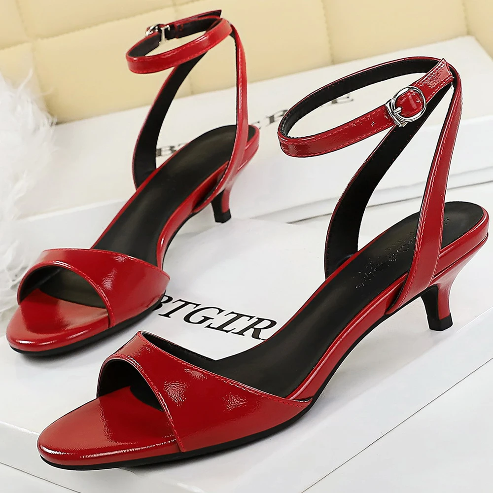 BIGTREE Shoes Open-toe Mid-heel Women Shoes Patent Leather Women Pumps Sexy Women Heels Stiletto 4 cm Buckle Summer Sandals