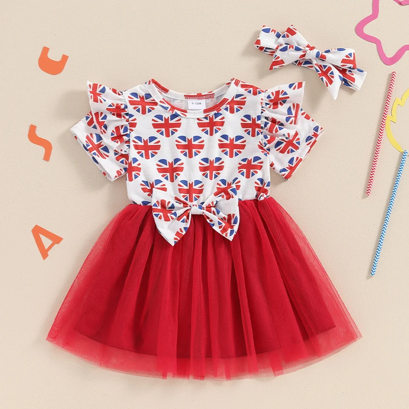 Baby Girl Independence Day Set Union Jack Print Short Sleeve Tulle Dress Bow Headband Toddler Summer Outfits