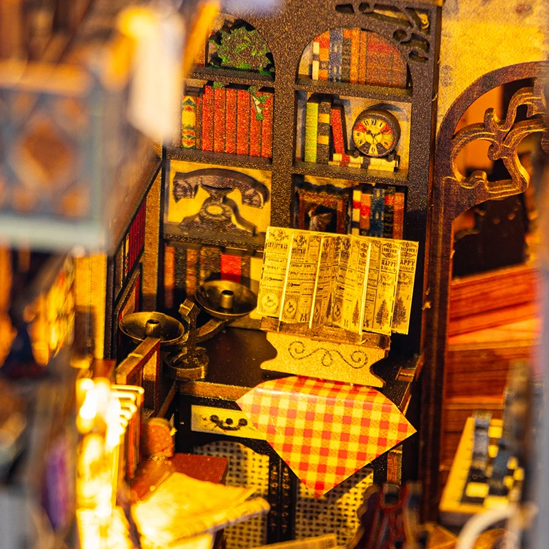 Magical Library DIY Book Nook Kit Miniature Bookshelf Insert with LED Light 3D Wooden Puzzle Building Kit Craft Gift Dollhouse