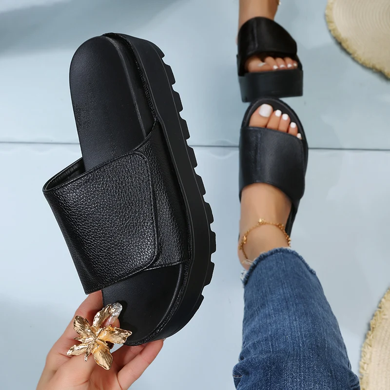 Rimocy Black PU Leather Platform Slippers Women Plus Size 43 Thick Soled Sandals Woman 2023 Summer Non-slip Slides Shoes Female