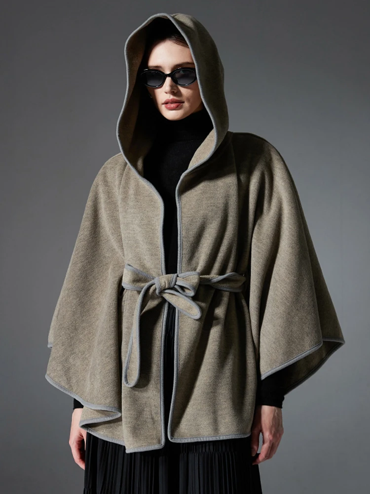 

Женская мода, повседневное многослойное пончо, элегантные кардиганы с капюшоном, бандажный пояс, шаль, женский свободный плащ Capa Para, зимнее пальто