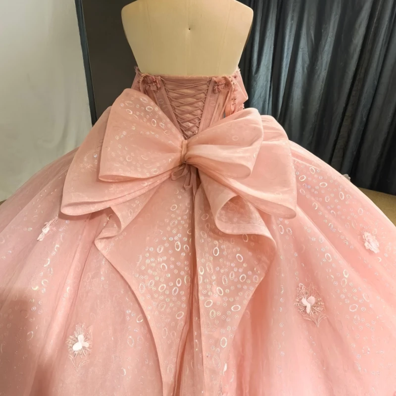 فساتين Quinceanera الوردية اللامعة قبالة الكتف زين زهرة تول الديكور القوس مشد حفلة عيد ميلاد الحلو 16 فستان
