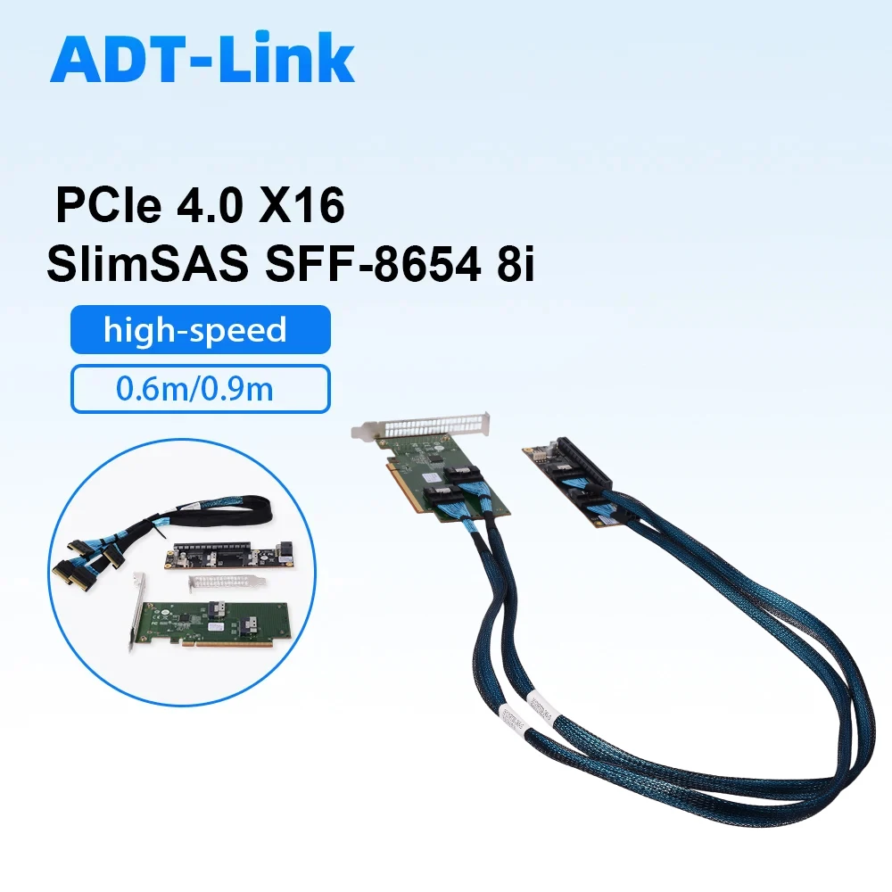 ADT PCIe 4.0 X16 8654 Expansion Card 2U Adapter Baseplate SlimSAS SFF-8654 8i Cable Riser for EGPU Game GPU External Expansion