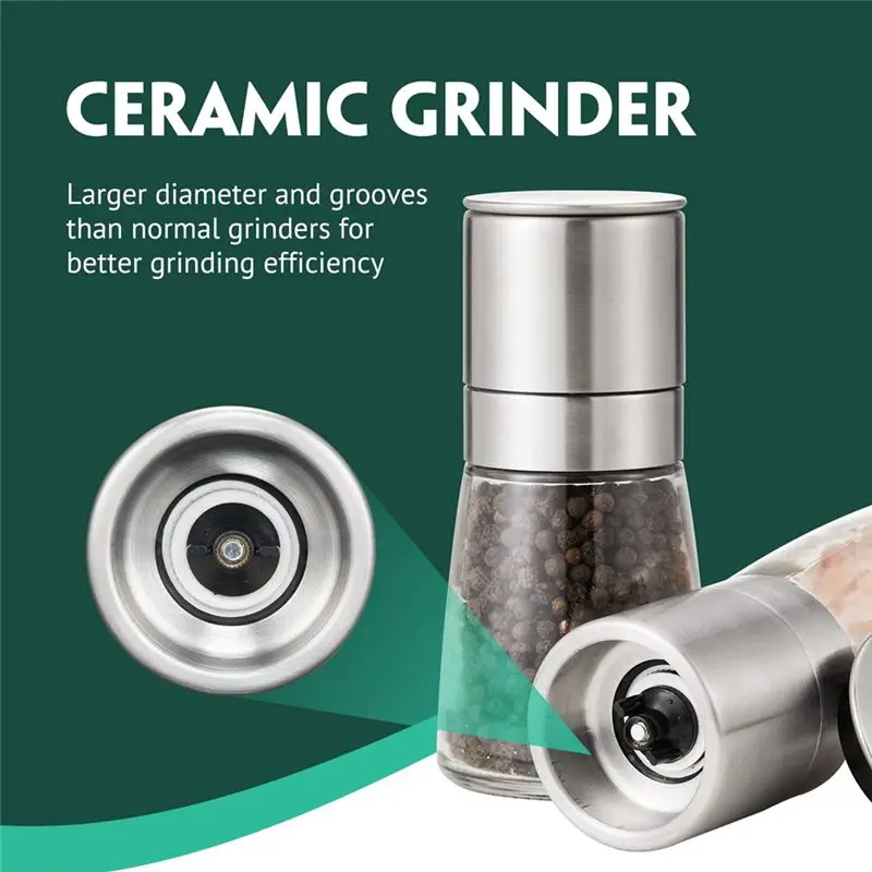 【ELEVATE LIFE】Salt and Pepper Grinder, Pepper Mill Grinder with Grinding , Stainless Steel & Chunky Glass Sea Salt Mill ABDD