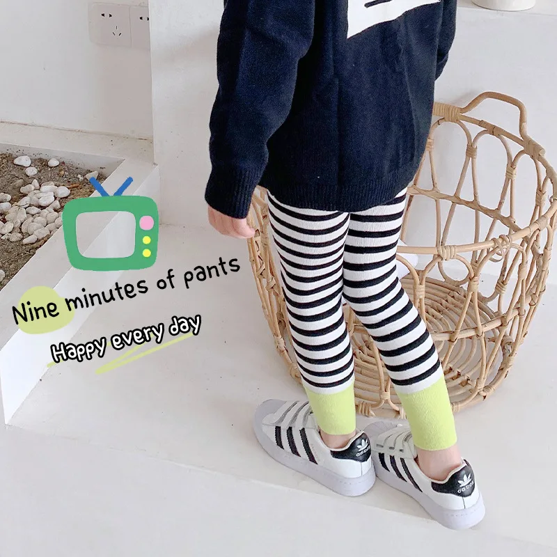 1-9 Y Legging for Girls Children Fashion Classic Black White Stripes Boys Tights Pants Breathable Cotton Kids Tights Nine-Pants