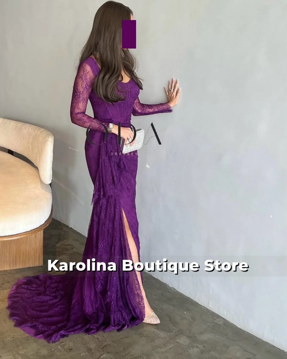 Women Elegant Solid Bodycon Maxi Evening Dress Purple Lace Long Sleeve Lady O-neck Evening Party Vestidos Robe Customized