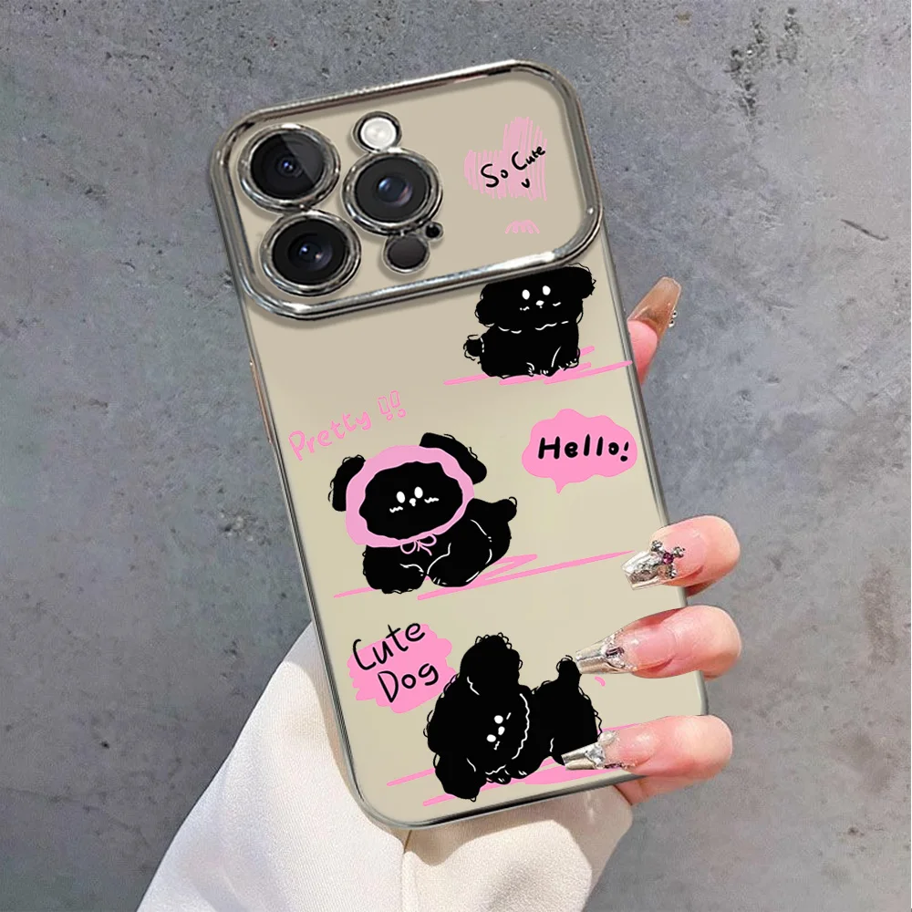 Cartoon Cute Pretty Black Puppy Electric Ferry Large Window Phone Case For IPhone 12 11 13 14 15 16 Max Pro Plus Shell