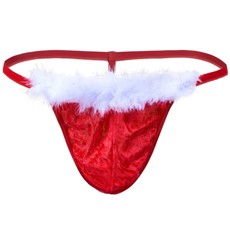 Men Thong G String Christmas Costume Fluff U Convex Pouch Underwear Santa Claus T-back Red Low Rise Underpants