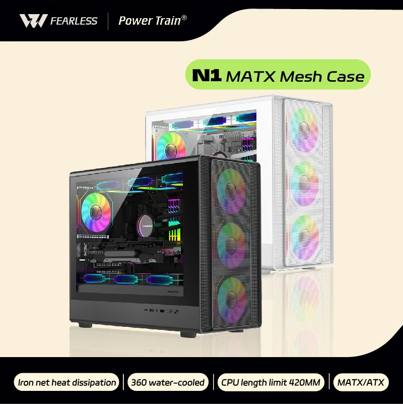 

Power Train N1 MATX Desktop Case Vertical Glass Side Transparent Host Shell Support 360 Water-Cooled 420MM Graphics Card
