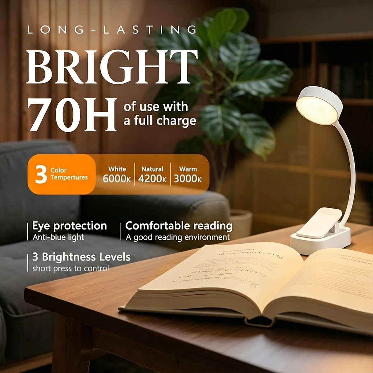 Clip on Book Light 3 Color Temperature 3 Brightness Eye Protection Reading Lamp 360° Dimmable Desk Light for Travel Camping
