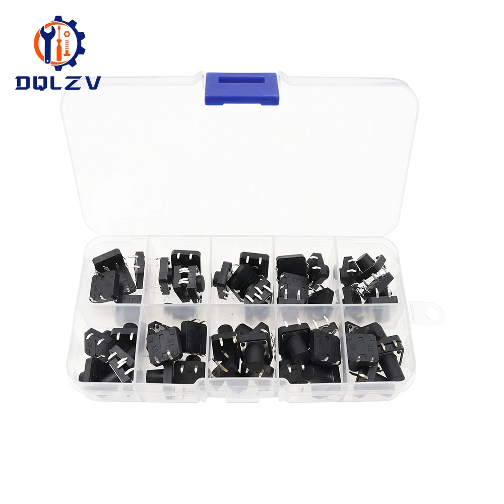 50PCS 12X12X4.3MM DIP Tact Switch Tactile Push Button Switch Kit Height: 4.3 5 6 7 8~13MM SMD 4P Micro Switch 12*12*5 Key Switch