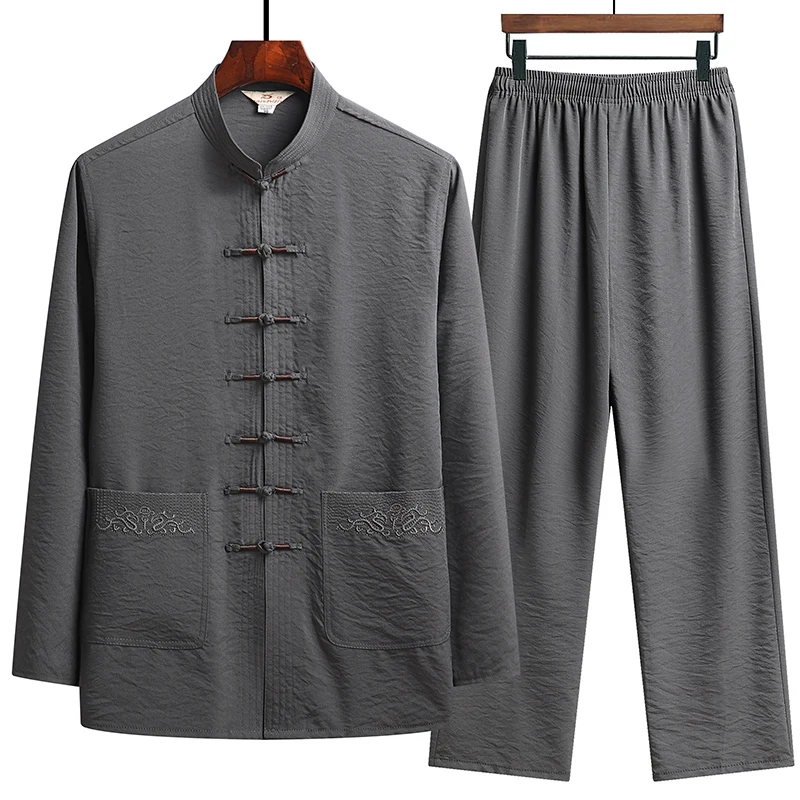 Chinese Style Cotton Linen Tang Suit Casual  Spring Autumn Men\'s Long-sleeved Shirt Pants Two-pieces Fashion Men Sets