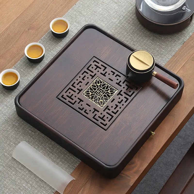 Japanese Square Bamboo Tea Tray Walnut Color Household Draining Tea Table Modern Simple Water Storage Drainage Tray Home Gift