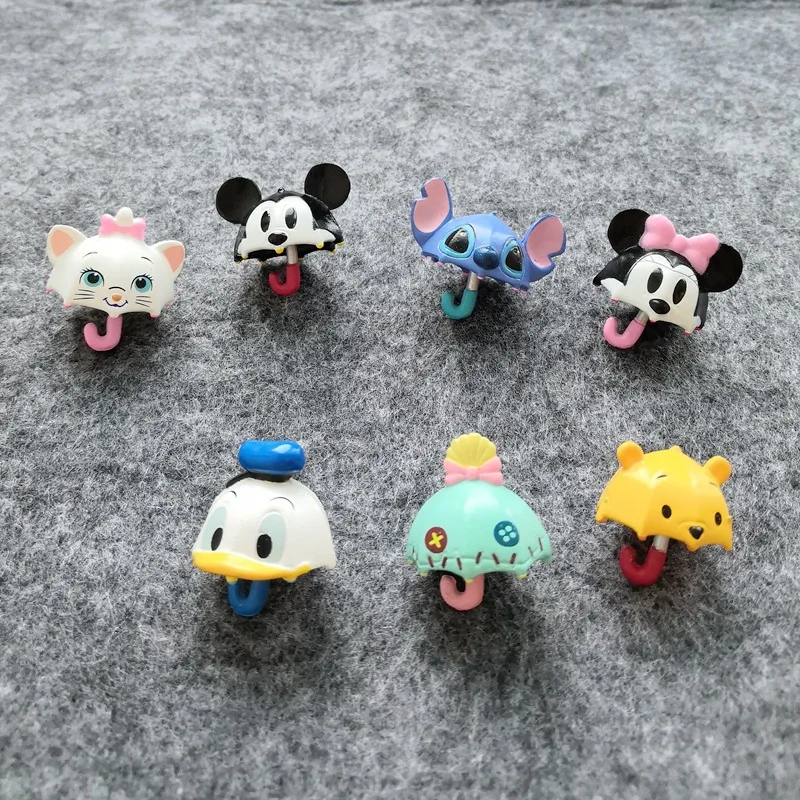 7pcs/set Disney Mickey Minnie Donald Stitch Scrump Marie Winnie Pooh Miniature Cartoon Toys Cute Umbrella Decoration Kids Gift