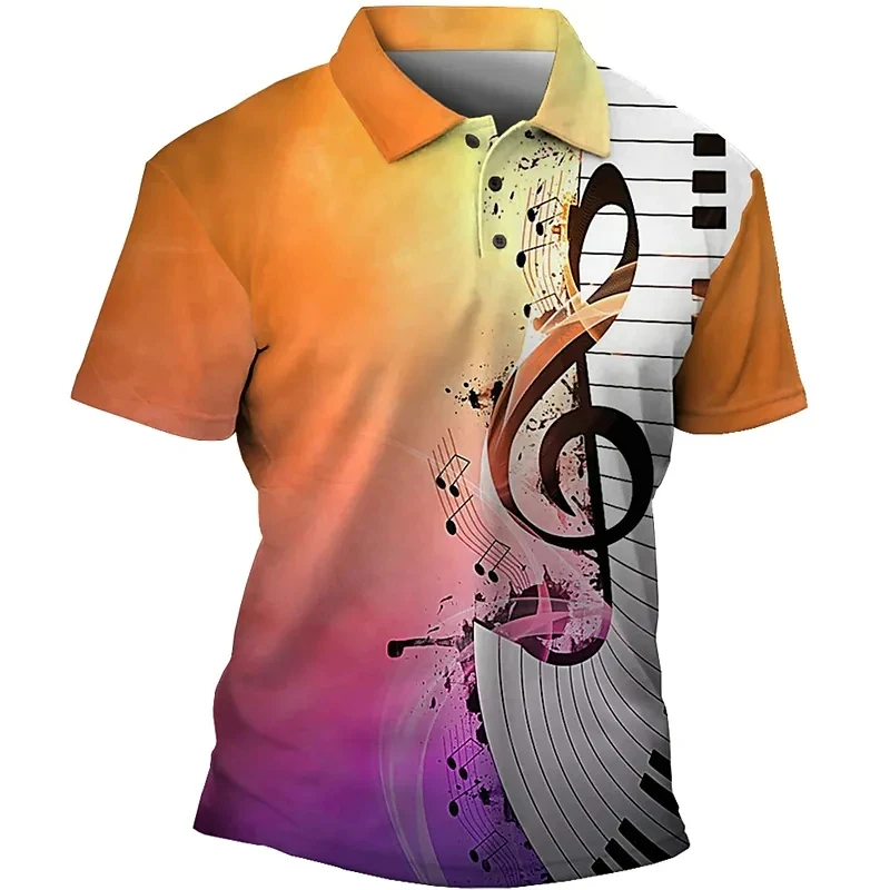 Music Note Pattern 3D Print Summer Men\'s Button Down Collar Polo Shirts Casual Short Sleeve Oversized Tops Fashion Men Clothing