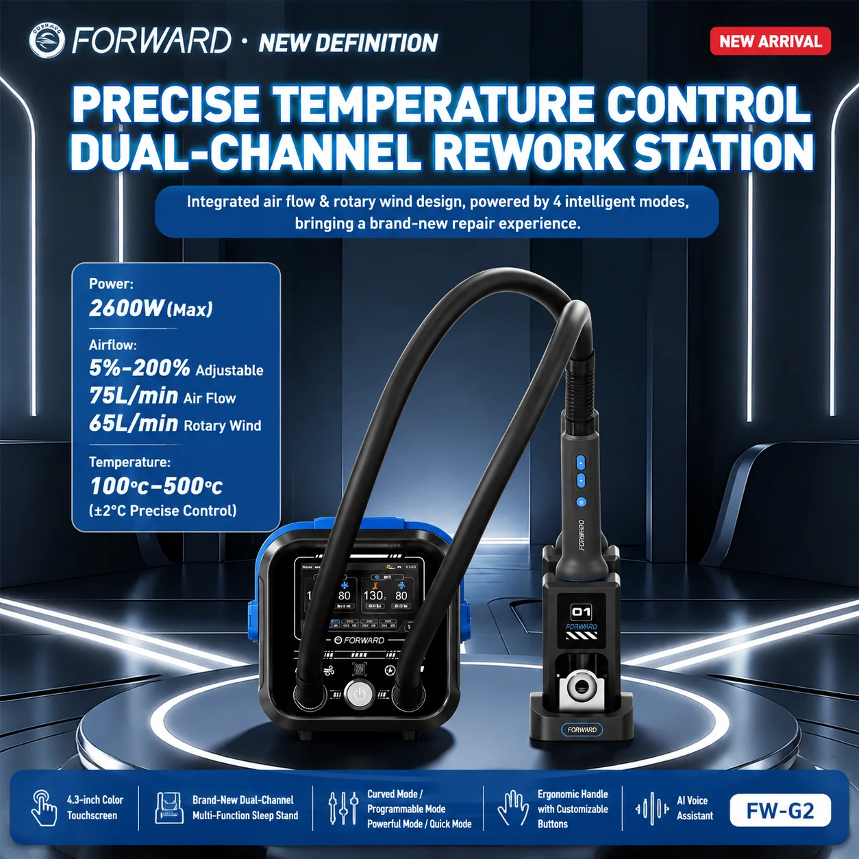 FORWARD FW-G2 2600W Dual Channel Hot Air Rework Station with 4 Intelligent Modes 4.3 Inch Touchscreen AI Voice Assistant