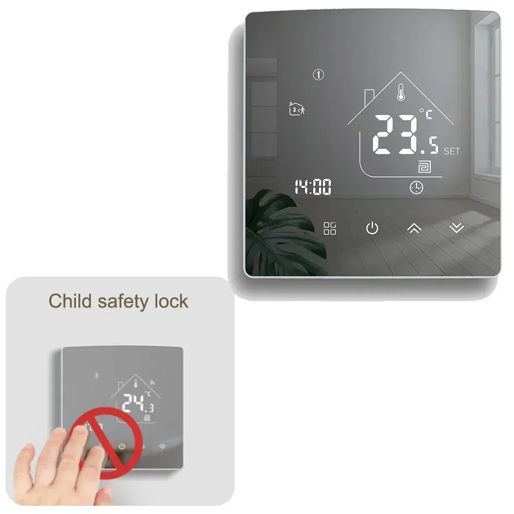 Room Thermostat with Mirror Screen for Electric Floor Heating Programmable 7 Heating Cycles Manual Mode and Safety Features