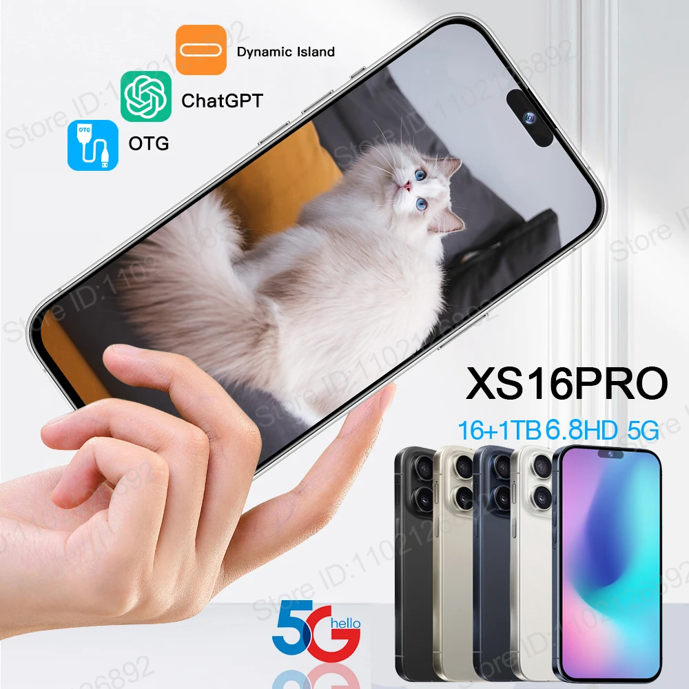 الأصلي للهواتف الذكية العلامة التجارية 6.8 بوصة جديد XS 16Pro شاشة كاملة 4G 5G هاتف محمول 6800mAh الهواتف المحمولة النسخة العالمية