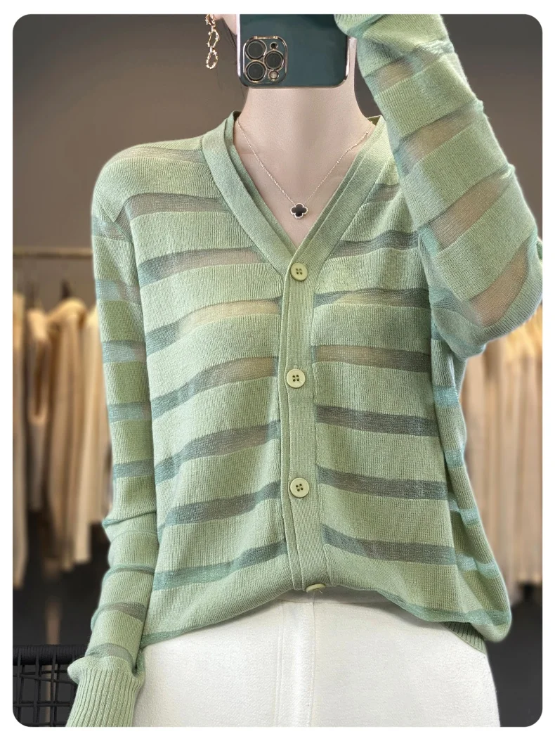 Autunno inverno di grandi dimensioni in lana Merino Cardigan da donna con scollo a v lavorato a maglia capispalla manica lunga Top sottile Sexy leggermente trasparente