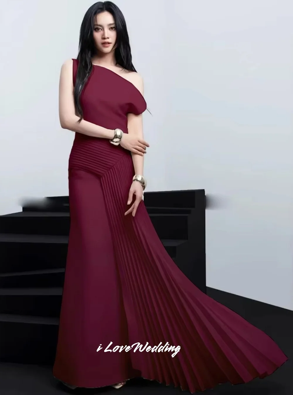 

Burgundy One Shoulder Prom Dresses 2025 Sleeveless Pleated Mermaid Ankle-Length Evening Dresses Wedding Party Dresses Customized