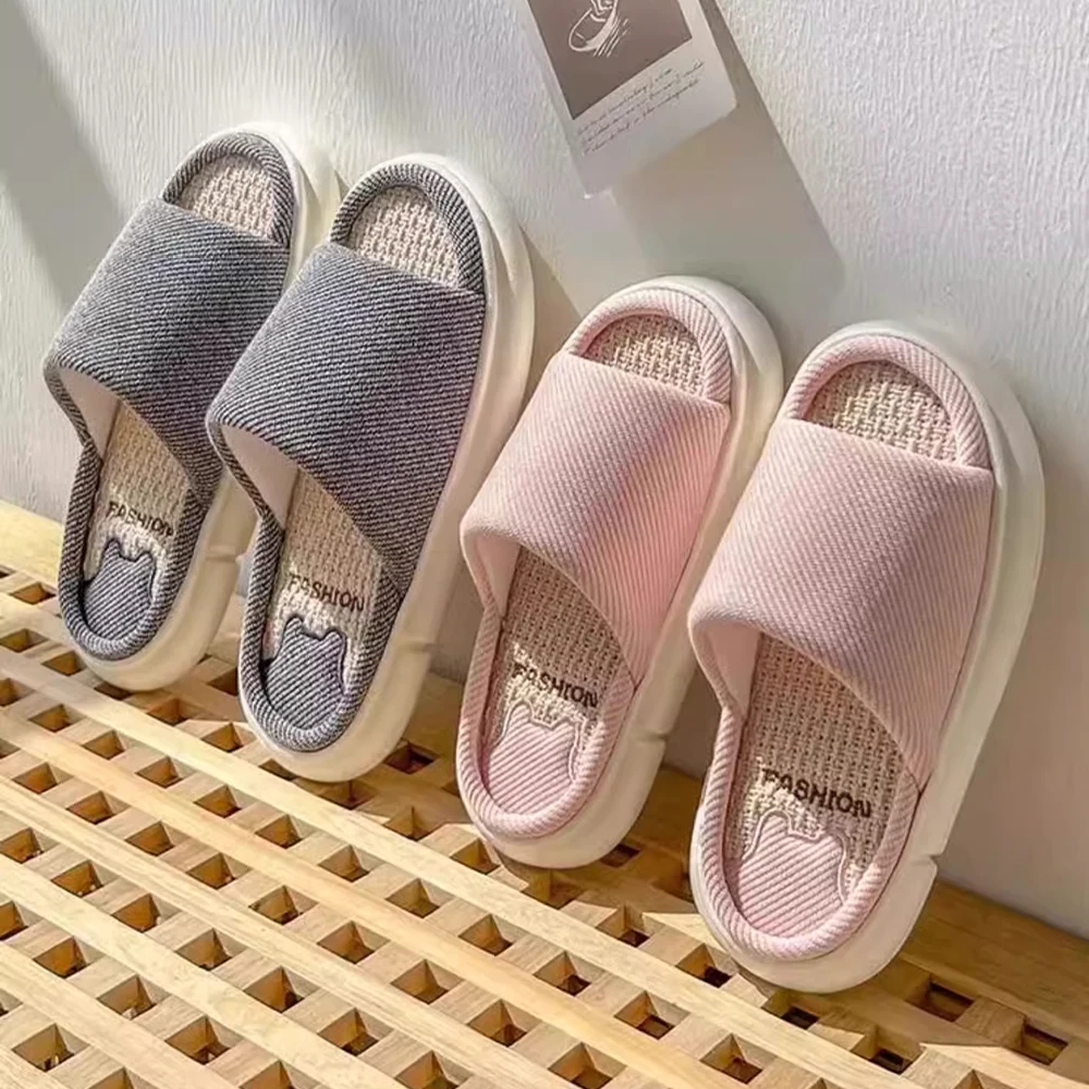 ZHIDA Couples Home Linen Slippers Women Indoor Soft Comfortable Bedroom Slides Non Slip House Shoes Platform Cotton Flats
