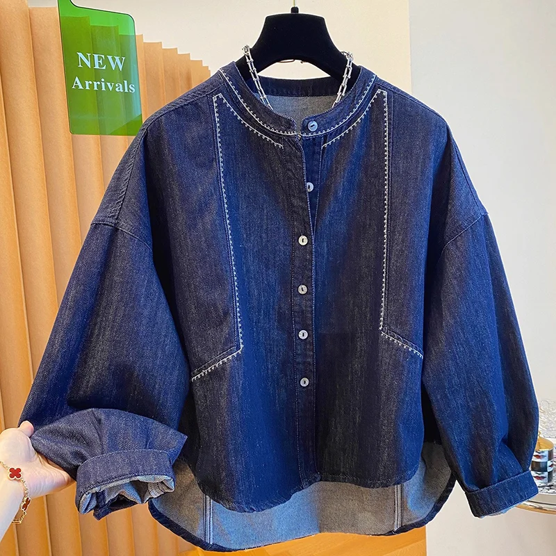 

Loose Korean Style Deep Blue Denim Shirt Women's Spring Autumn New Fashion Front Short Back Long Design Cotton Long Sleeve
