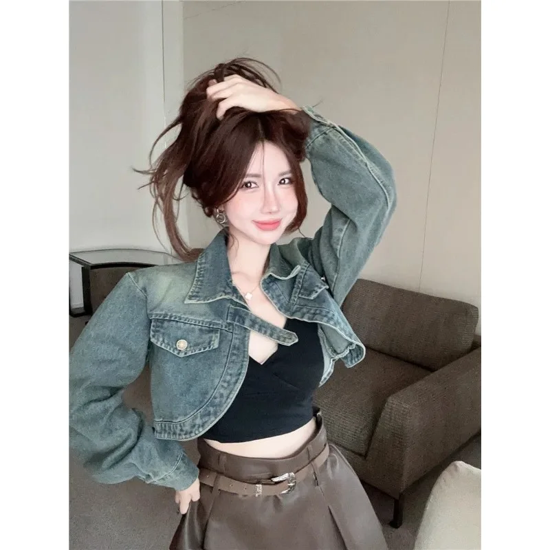 

Blouse Jacket Women's Autumn Retro Relaxed Fit Denim High-waisted Petite Cropped Comfortable Fashionable Niche Versatile Luxury