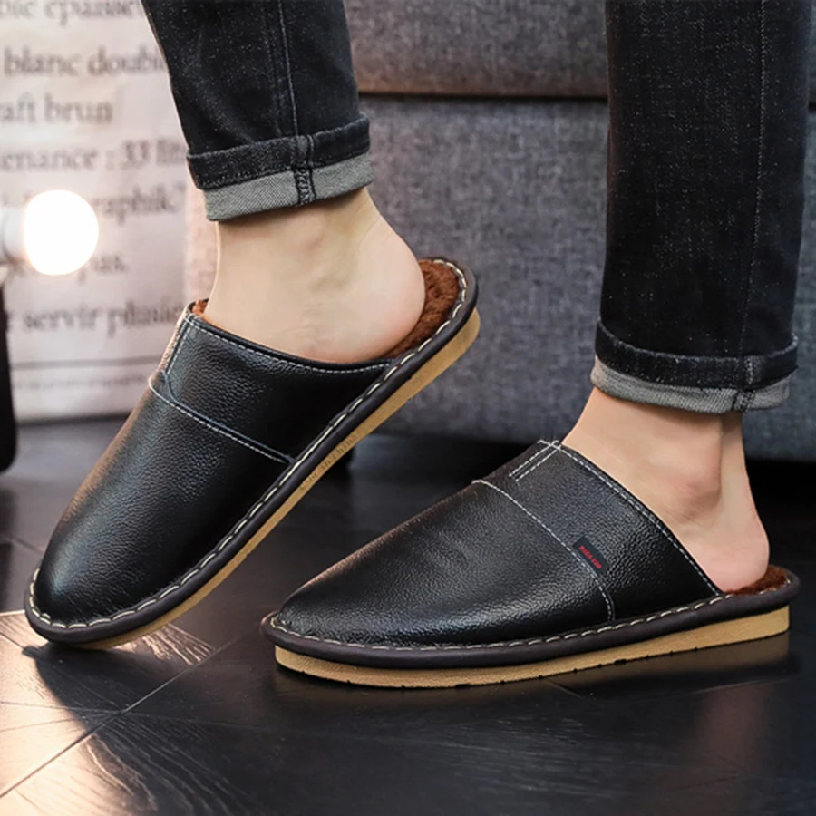 Mens Slippers Winter Leather Indoor Slipper Fashion Anti-Slip Comfortable Fur Home Shoes Male