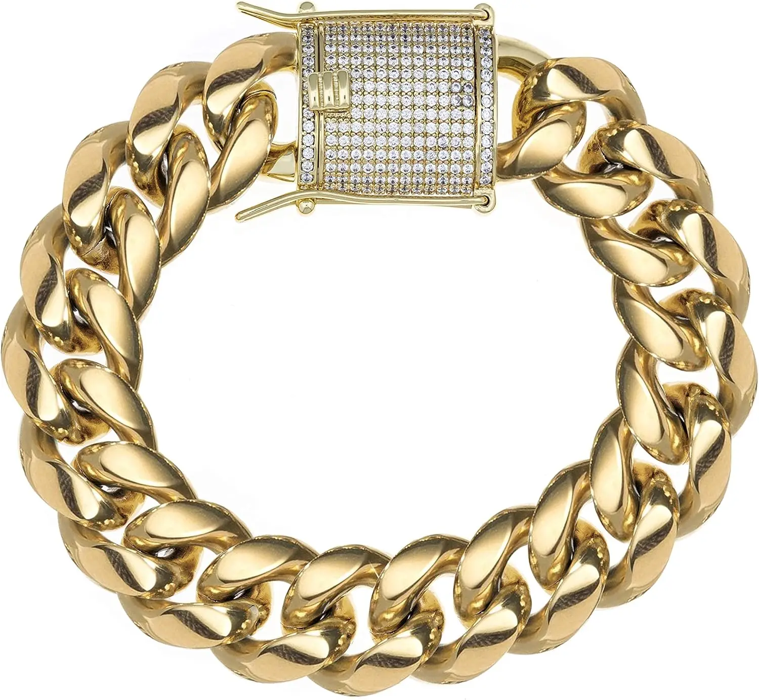14K Gold Plated Cuban Link Chain Necklace 316L Stainless Steel Iced Out Diamond Clasp Hip Hop Jewelry for Men Women Gift