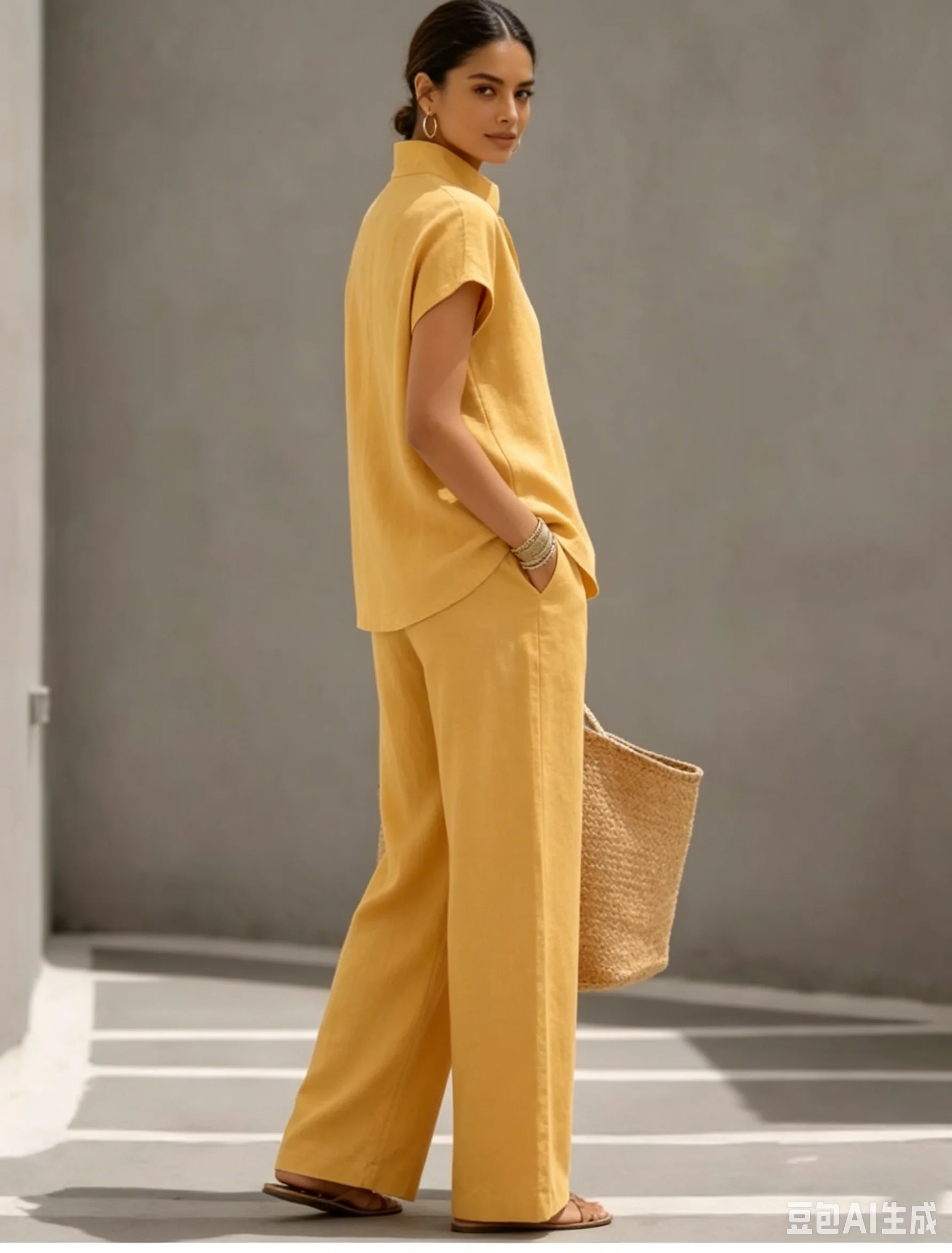 

Summer New Solid Fashion Stand-up Collar Short-sleeved Shirt Women's Suit Casual Female Home Wear Wide-leg Trousers 2piece Set