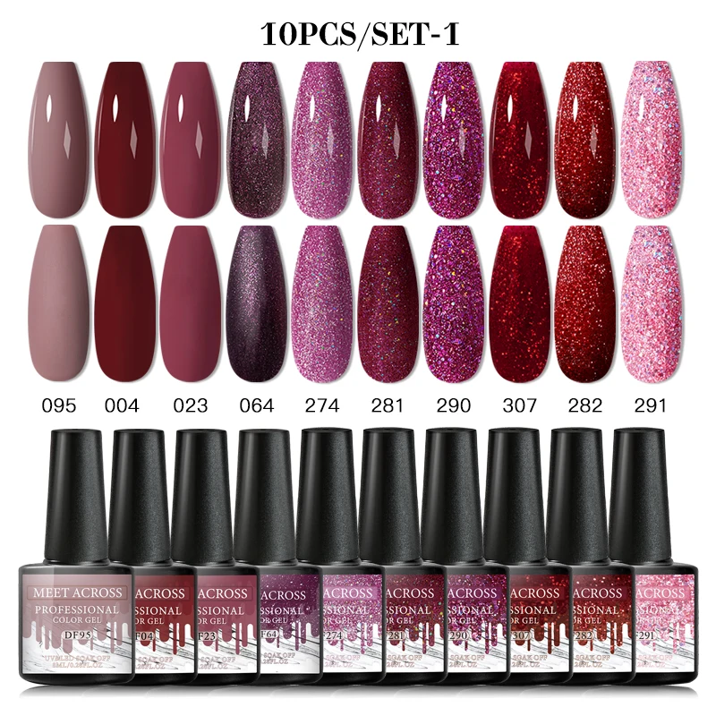 

MEET ACROSS 8/10/12PCS Gel Polish Set Mix Color Nail Kit Soak Off UV Lamp Hybrid Varnishes Set Semi Permanent Gel Polish Set