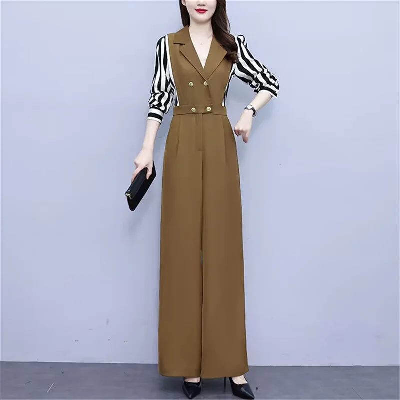 Color Blocking Striped Suit Jumpsuit Summer Women's 2024 New Goddess Style High Waist Slim Fit Sagging Wide Leg Pant Patchwork