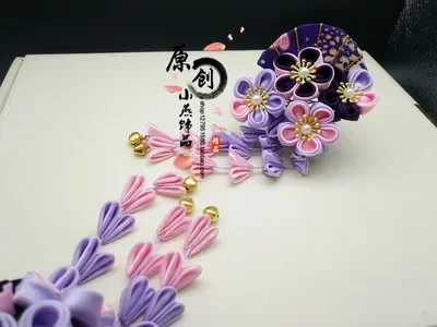 Paars Cosplay Sakura Fan Kwastje Hoofdtooi Oude Kostuum Kimono Accessoires Haarspeld Tsumami Zaiku Yukata Haarspeldjes Kanzashi