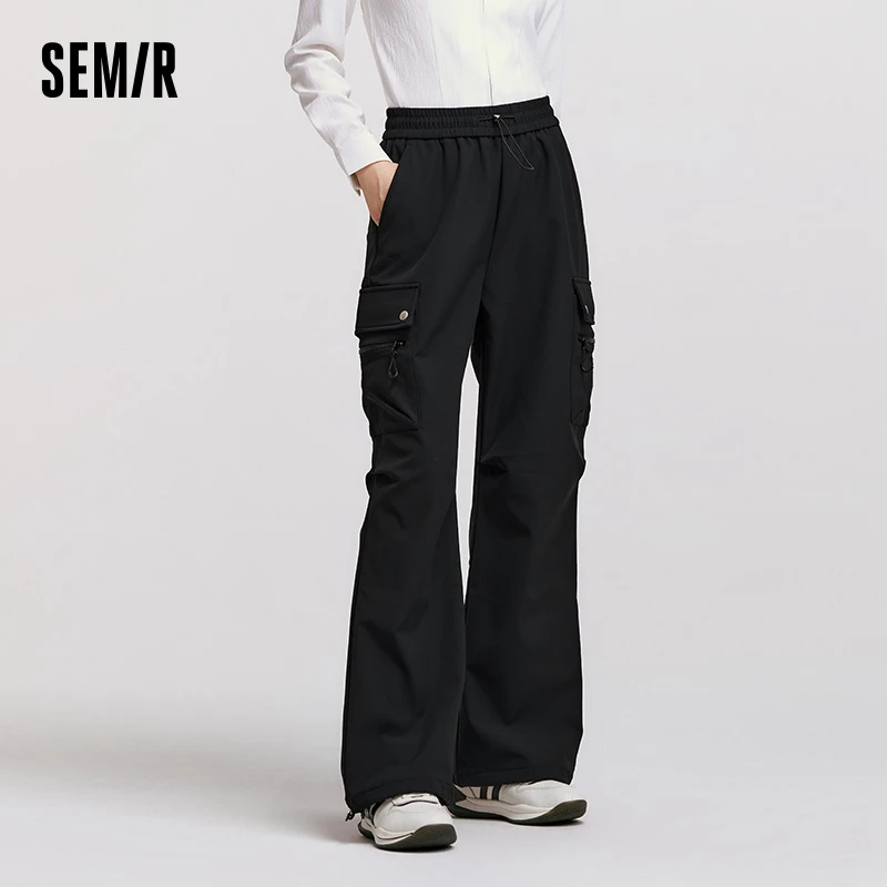 Semir Casual Pants Women Drawstring Flannel-Lined Wide-Leg Pants Concealing Flesh Winter Outing Elastic Waist Slimming Pants