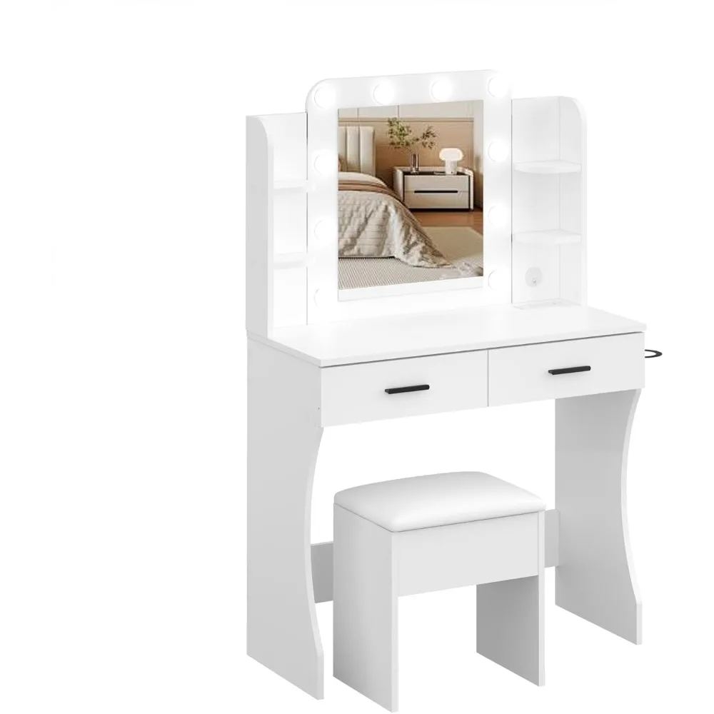 Vanity Desk Set with Mirror, LED Lights and Power Outlet Makeup Table with 2 Large Drawers and Round Holder, Dressing Tab