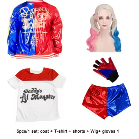 Halloween Kids Zelfmoord Harley Cosplay Kostuums Squinn Monster Jasje Broek Meisjes Kerstfeest Uniform Met Pruik Handschoenen