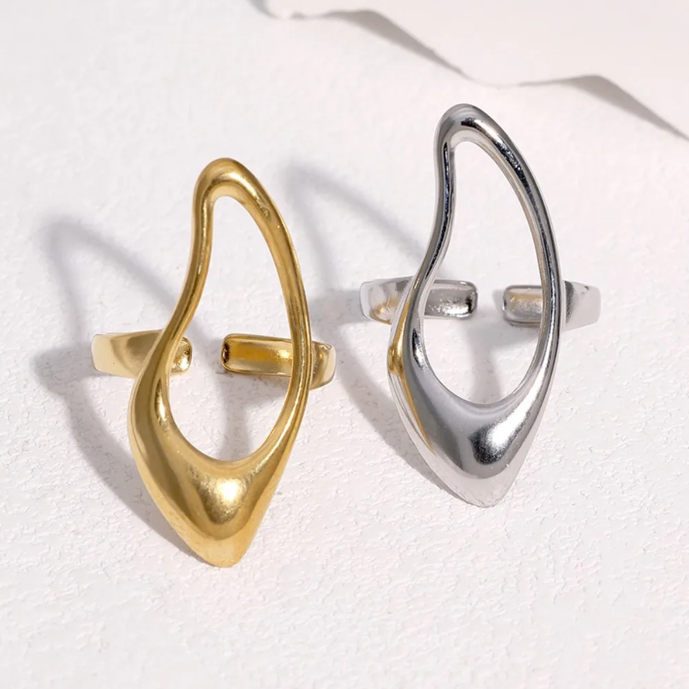 Minimalist Waterproof Stainless Steel Irregular Hollow Geometric Open Ring for Women Abstract Curved Adjustable Finger Jewelry