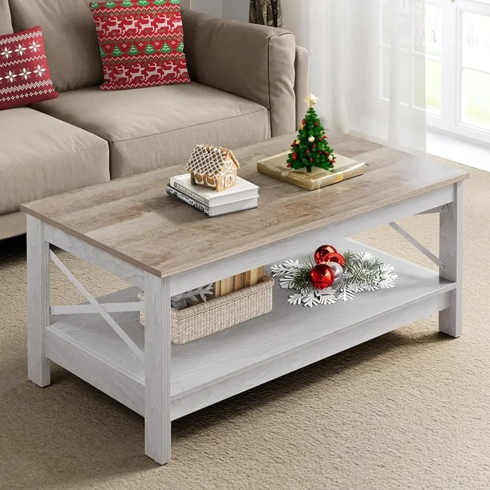 XMSJ-Modern Farmhouse Coffee Table com Armazenamento, 2 Piso Mesa de Madeira Sala, Frame resistente