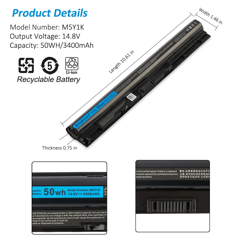 Imagem -02 - Kingsener-bateria para Dell Inspiron M5y1k 14.8v 3400mah 3565 3576 3476 3567 5758 5759 5555 para Dell Vostro 3558 3568 3578 3478