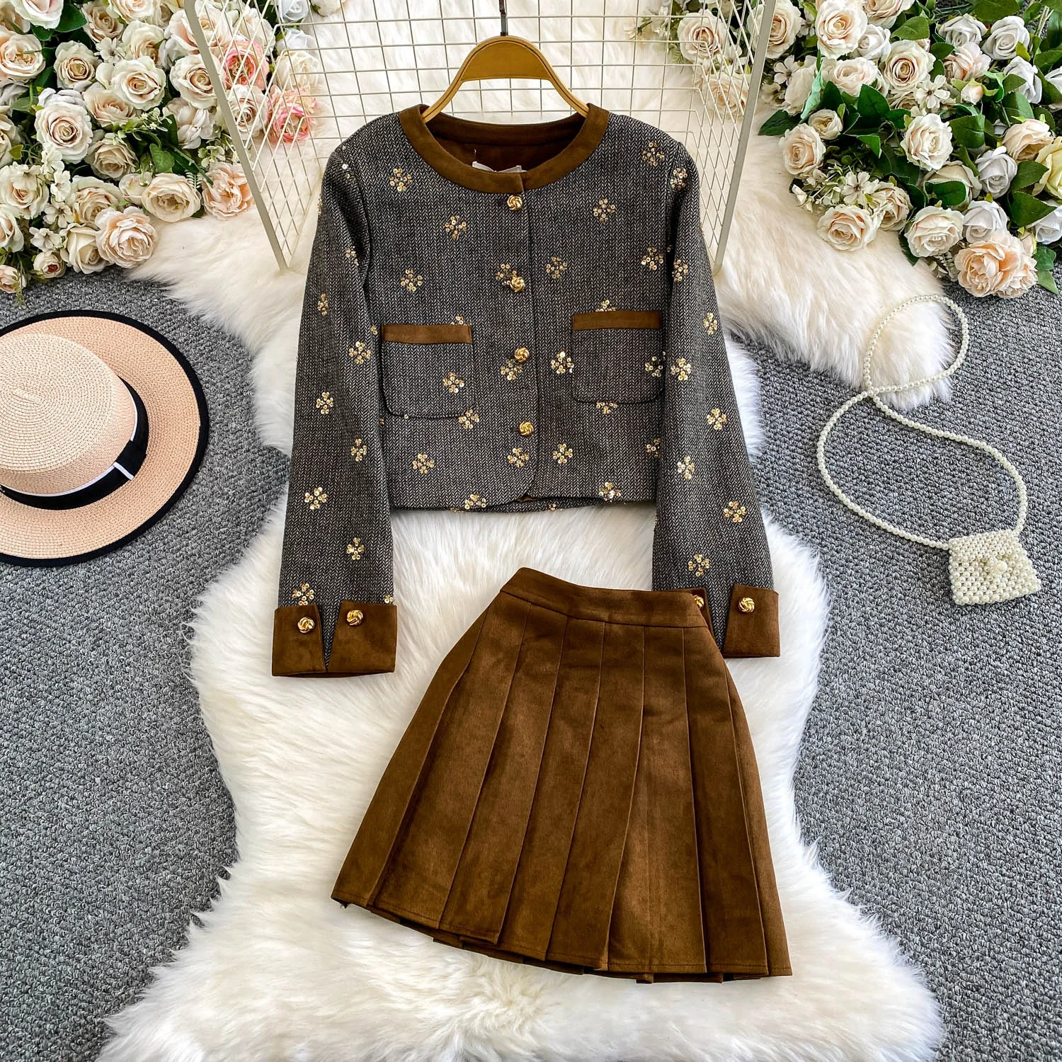 Ele ort jas en rokset met pailletten zwaar borduurwerk hertenhuid fluweel geplooid diamant ingebed herfstfaion voor dames...