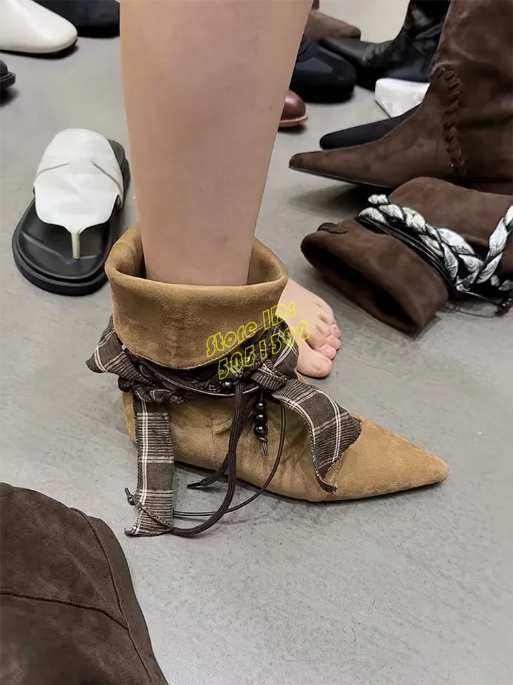 

Retro Suede Flat With Ankle Booties Sexy Pointy Toe Lace Up Slip On Slouchy Fashion 2026 Winter Autumn Runway Women Dress Shoes
