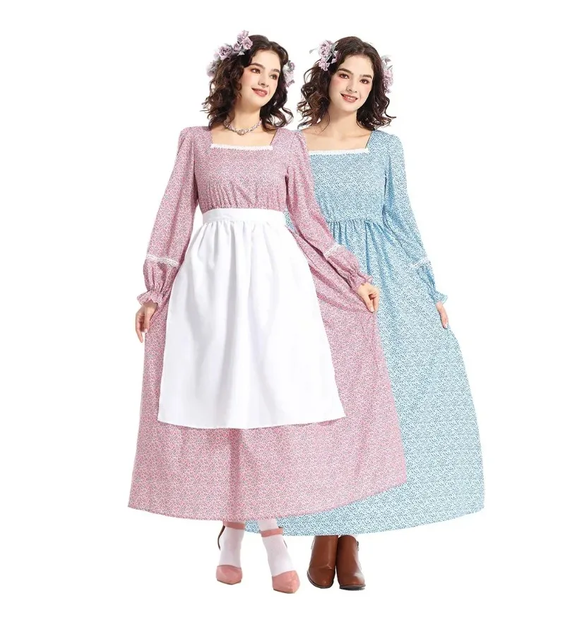 

Victorian Medieval Dress for Women Pastoral Yellow Pink Blue Floral Dress Carnival Party Cosplay Costume with Apron